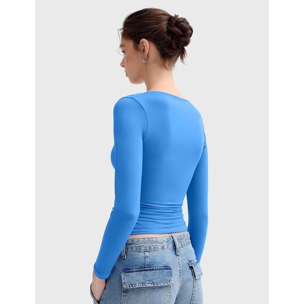 Women Pool Long Sleeve T Shirts Scoop Neck Slim Fit Out Top Collection - Picture 5 of 6